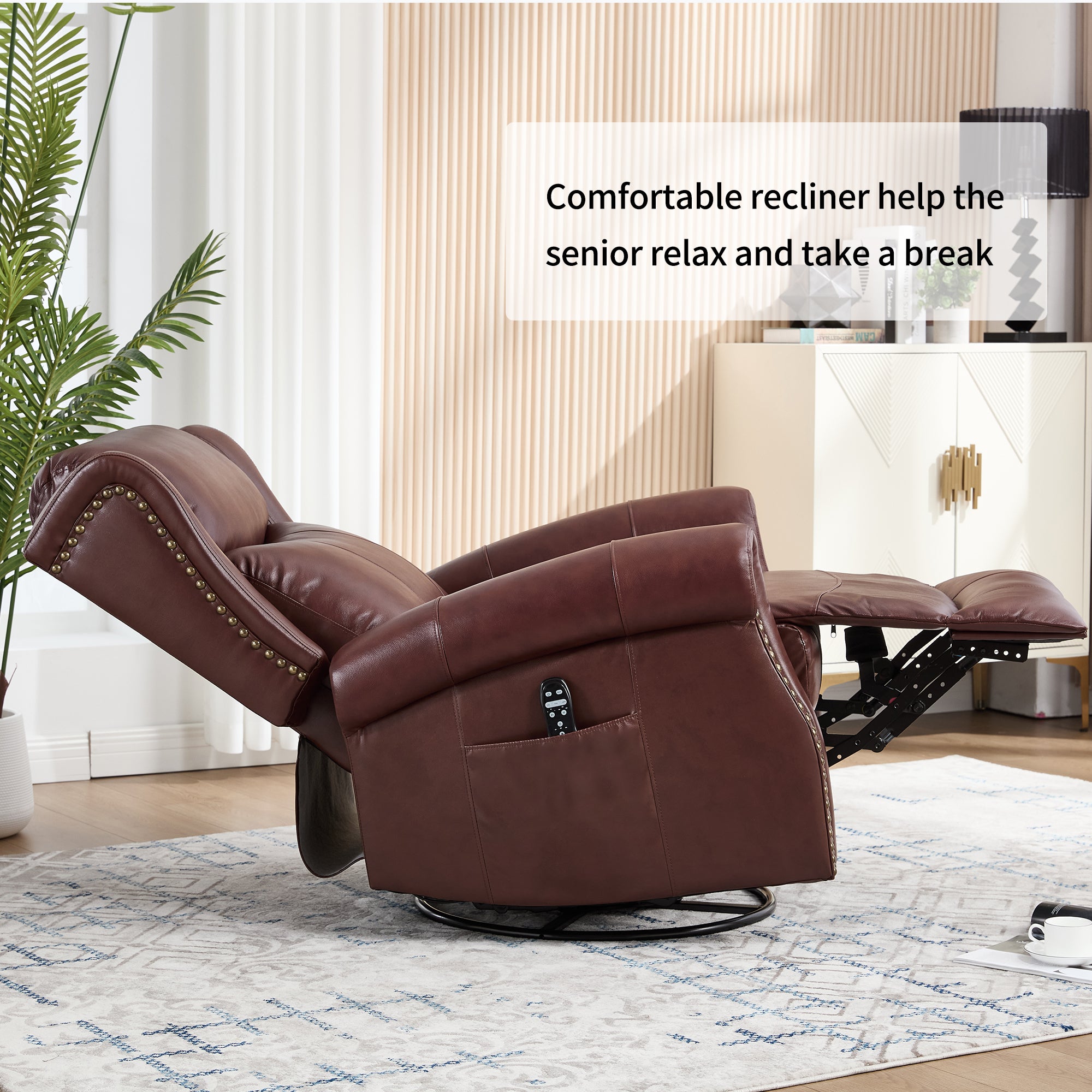 Heat Massage Manual Recliner Chair with Rocker and Swivel in Genuine leather for Living Room, Red - Grand Goldman Shop