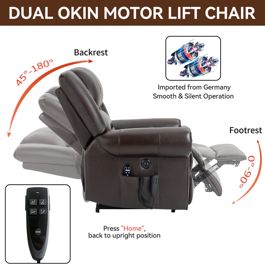 Power Lift Recliner Chair Heat Massage Dual Motor Infinite Position Up to 350 LBS, Genuine Leather, Heavy Duty Motion Mechanism with USB Ports, Brown - Grand Goldman Shop