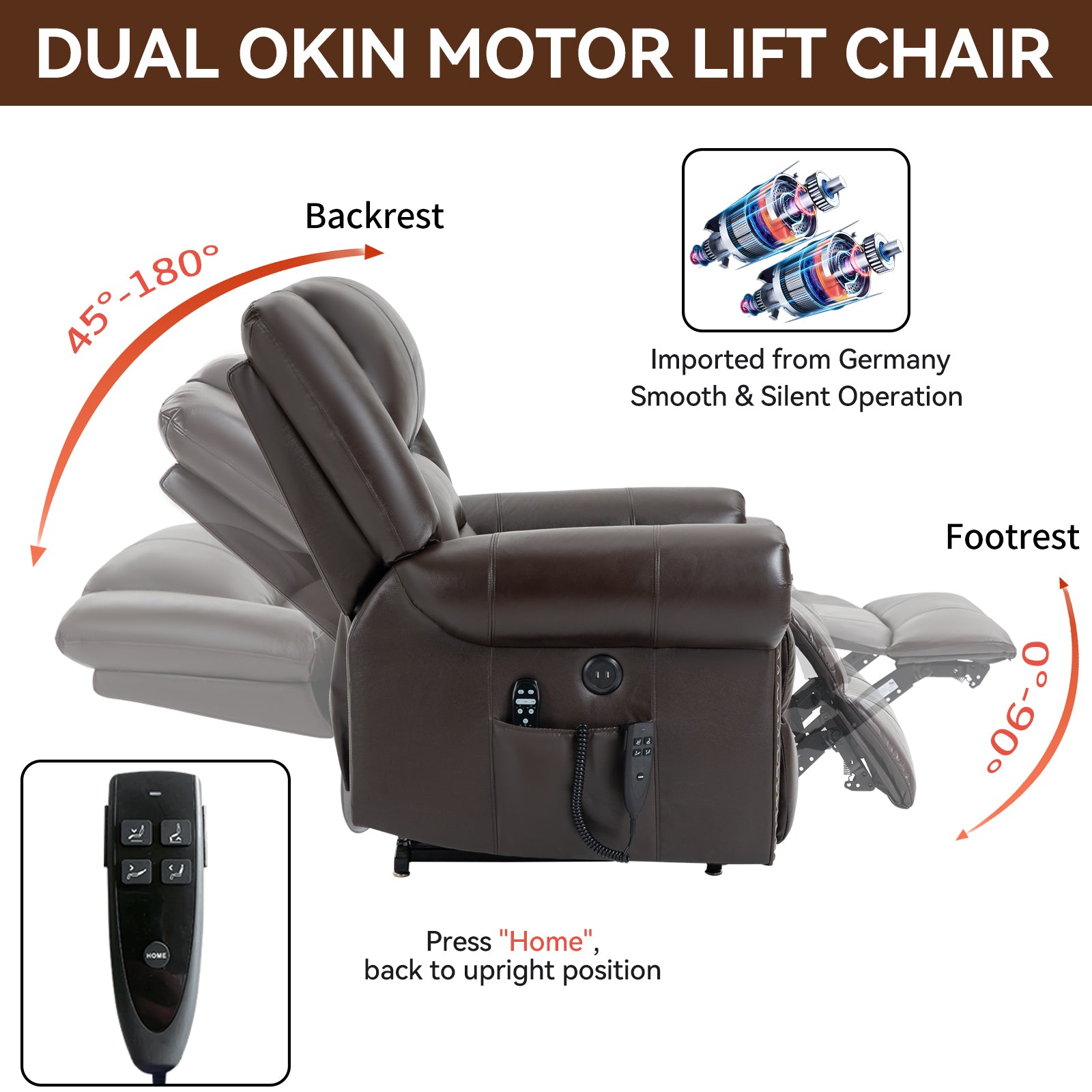 Power Lift Recliner Chair Heat Massage Dual Motor Infinite Position Up to 350 LBS, Genuine Leather, Heavy Duty Motion Mechanism with USB Ports, Brown - Grand Goldman Shop