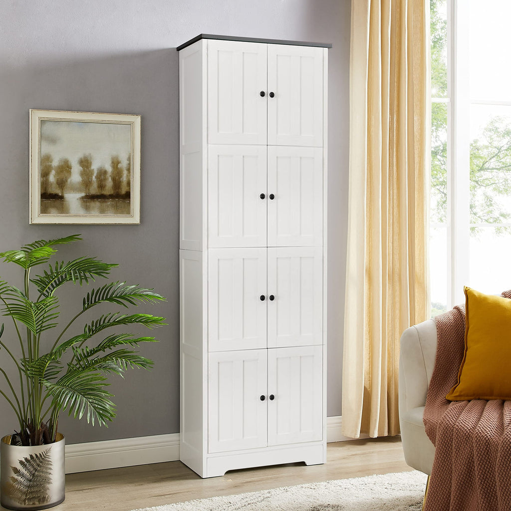 Tall Storage Cabinet with 8 Doors and 4 Shelves, Wall Storage Cabinet for Living Room, Kitchen, Office, Bedroom, Bathroom, White - Grand Goldman Shop