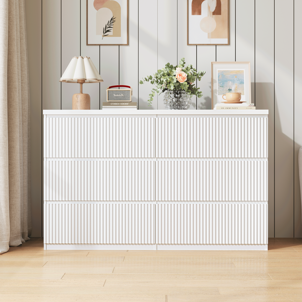 Modern White 6 Drawer Dresser, Wave Panel Drawer Fronts, Storage Cabinet, Versatile Chest of Drawers for Bedroom, Living Room - Sleek & Spacious Home Storage Solution - Grand Goldman Shop