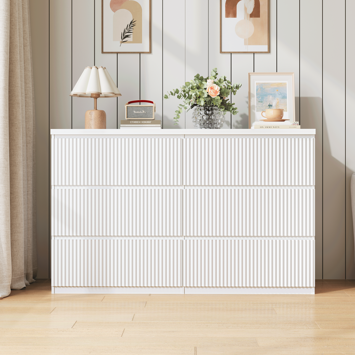 Modern White 6 Drawer Dresser, Wave Panel Drawer Fronts, Storage Cabinet, Versatile Chest of Drawers for Bedroom, Living Room - Sleek & Spacious Home Storage Solution - Grand Goldman Shop