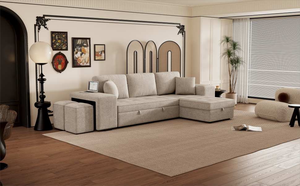 Modern L-Shape 3 Seat Reversible Sectional Couch with Pull Out Sleeper, Storage Chaise & 2 Stools, Cream, Linen Chenille - Grand Goldman Shop