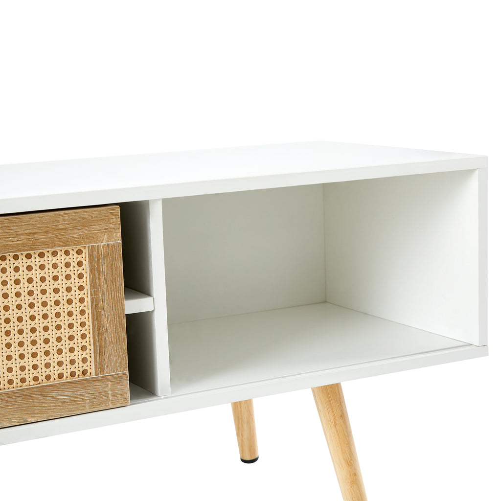 Modern Rattan TV Cabinet with Double Sliding Doors, Adjustable Shelf, Solid Wood Legs, White, 55.12 inches - Grand Goldman Shop