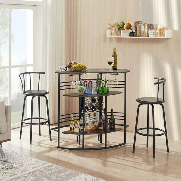 Oval Bar Table with Wood Counter Top and Wine Rack Storage, Wine Bakers Rack for Dining Room, Brown - Grand Goldman Shop
