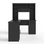 L-shaped computer desk with 2 cabinets and 2 drawers underneath the table, 11 open shelves and a flip-up shelf with storage o