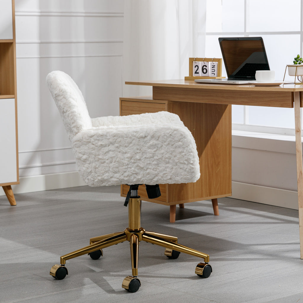 A&A Furniture Artificial Rabbit Hair Office Chair with Golden Metal Base, Adjustable Swivel Vanity Chair, Beige Velvet | Prem