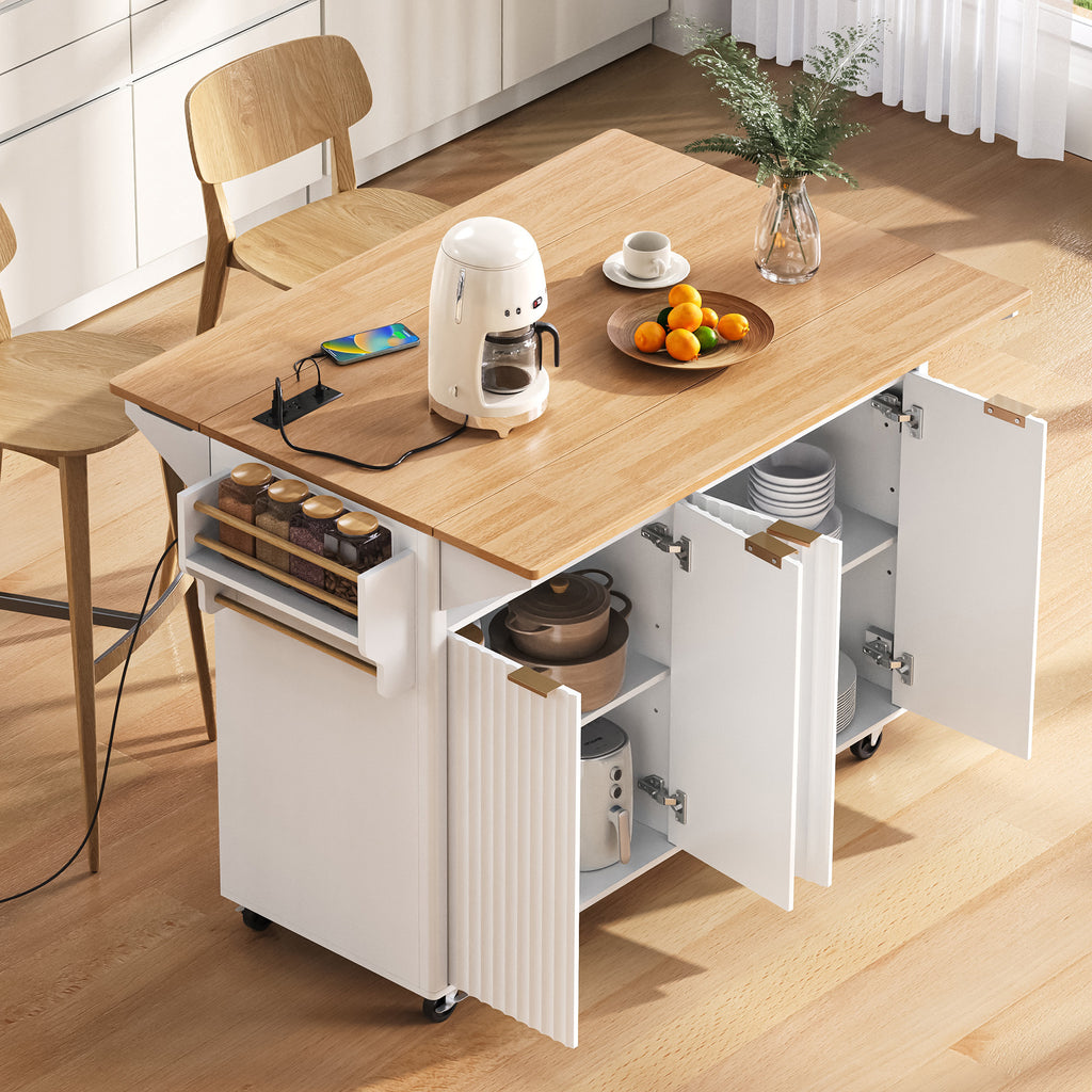 K&K 55.5' Fluted Kitchen Island with 2 Drop Leaf, Kitchen Storage Cart with Power Outlet, 4 Doors, Spice rack, Rolling Island Table with Wood-grain Top, Curved Edge for Kitchen, Dining Room,White - Grand Goldman Shop