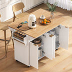 K&K 55.5' Fluted Kitchen Island with 2 Drop Leaf, Kitchen Storage Cart with Power Outlet, 4 Doors, Spice rack, Rolling Island Table with Wood-grain Top, Curved Edge for Kitchen, Dining Room,White - Grand Goldman Shop