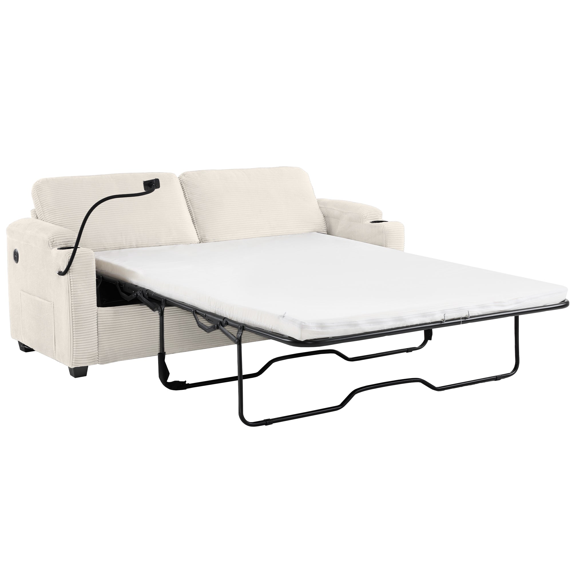 Beige Corduroy Sleeper Sofa Loveseat with Full Size Mattress, USB Ports, Cup Holders, Side Pockets, Phone Holder - Grand Goldman Shop