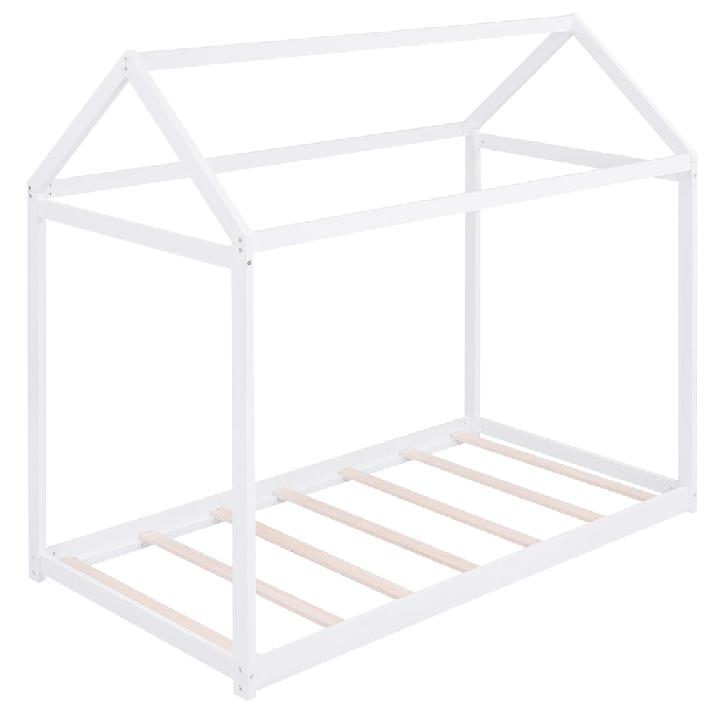 Twin Size Wooden House Bed in White with Pine Wood and MDF Construction, 78.3''L x 42.5''W x 70.3''H - Grand Goldman Shop