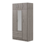 Modern Gray 3-Door Mirror Wardrobe with 2 Drawers and Top Cabinet, Particle Board - Grand Goldman Shop