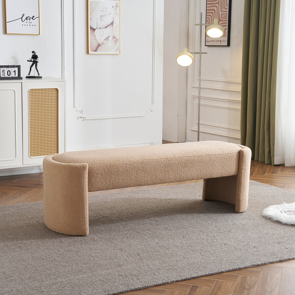 Elegant Simple Long Ottoman Bench in Light Camel with Wooden Frame and Polyester Upholstery, 61.25 x 19.75 x 19.25 inches - Grand Goldman Shop