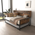 Twin Daybed with Trundle, Farmhouse Daybed Frame with Sliding Barn Door Headboard and Charging Station & LED Light for Bedroom and Guest Room, Rustic Brown - Grand Goldman Shop