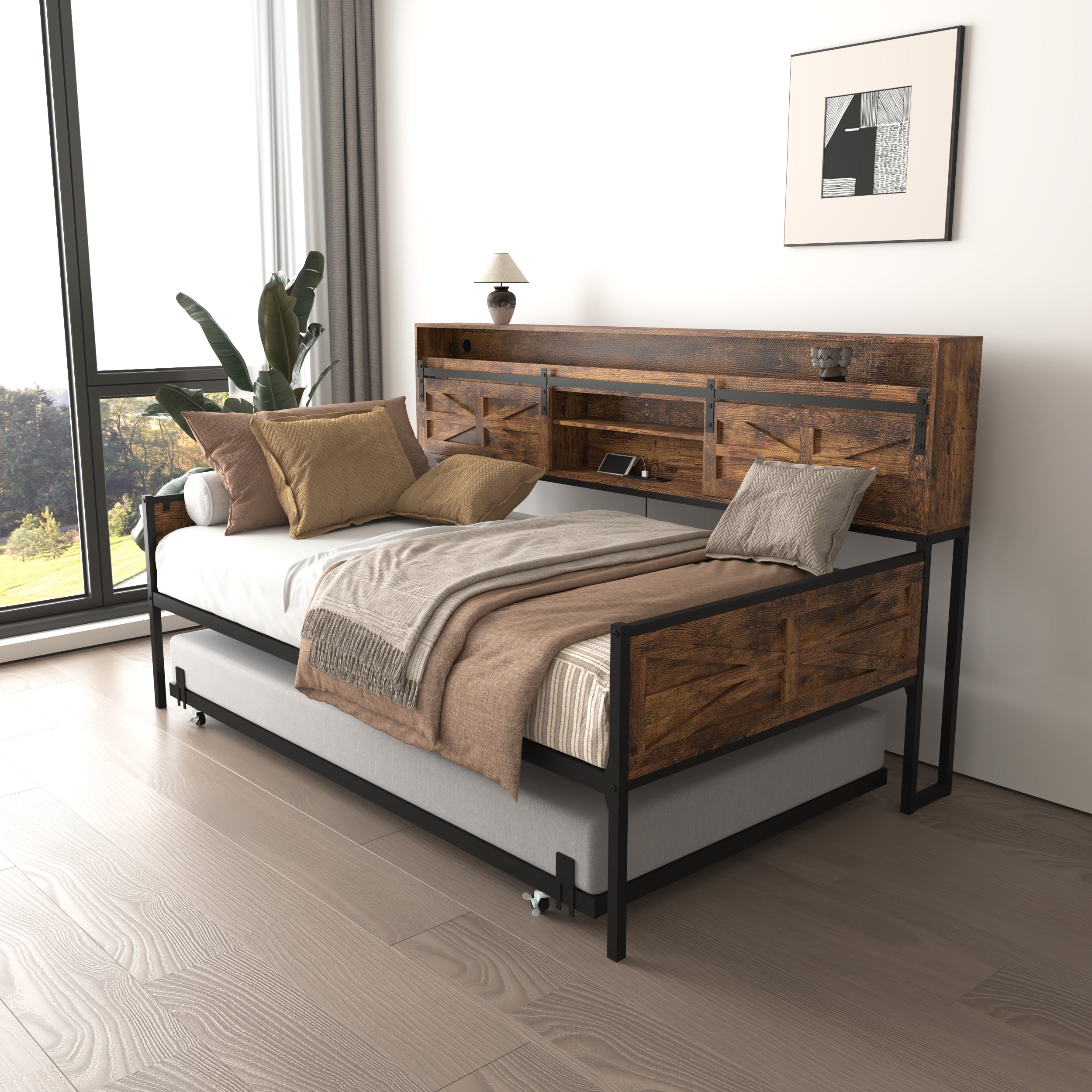 Twin Daybed with Trundle, Farmhouse Daybed Frame with Sliding Barn Door Headboard and Charging Station & LED Light for Bedroom and Guest Room, Rustic Brown - Grand Goldman Shop
