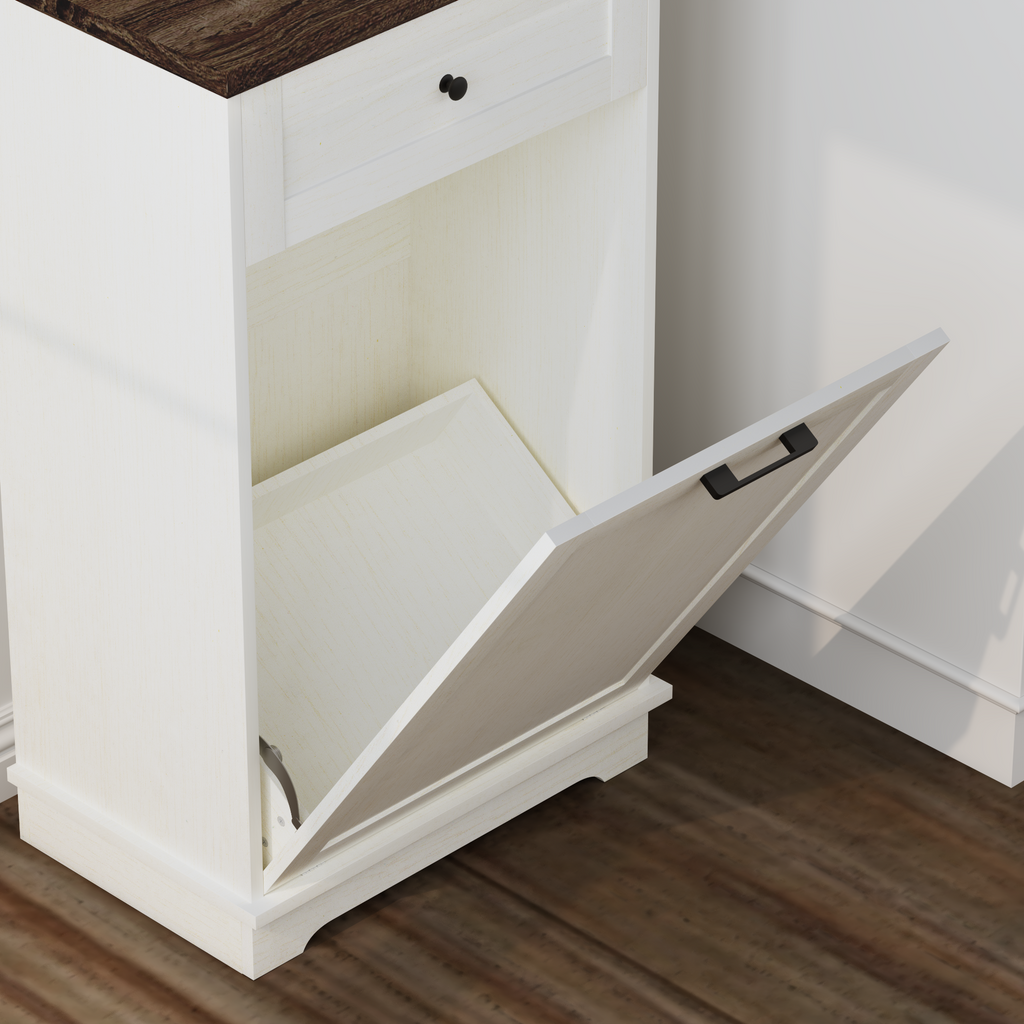 10 Gallon Tilt Out Trash Cabinet Freestanding Trash Bin Cabinet Wood Garbage Recycling Cabinet with Drawer Pet Proof Trash Can Holder for Kitchen Living Room, Antique White (Not include trash can) - Grand Goldman Shop