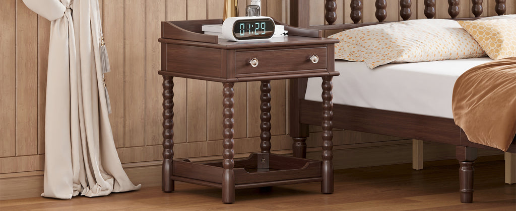 Retro Style Nightstand with Drawer and Open Shelf for Bedroom, Bedside Table with Turned Legs and Metal Handle,Walnut - Grand Goldman Shop