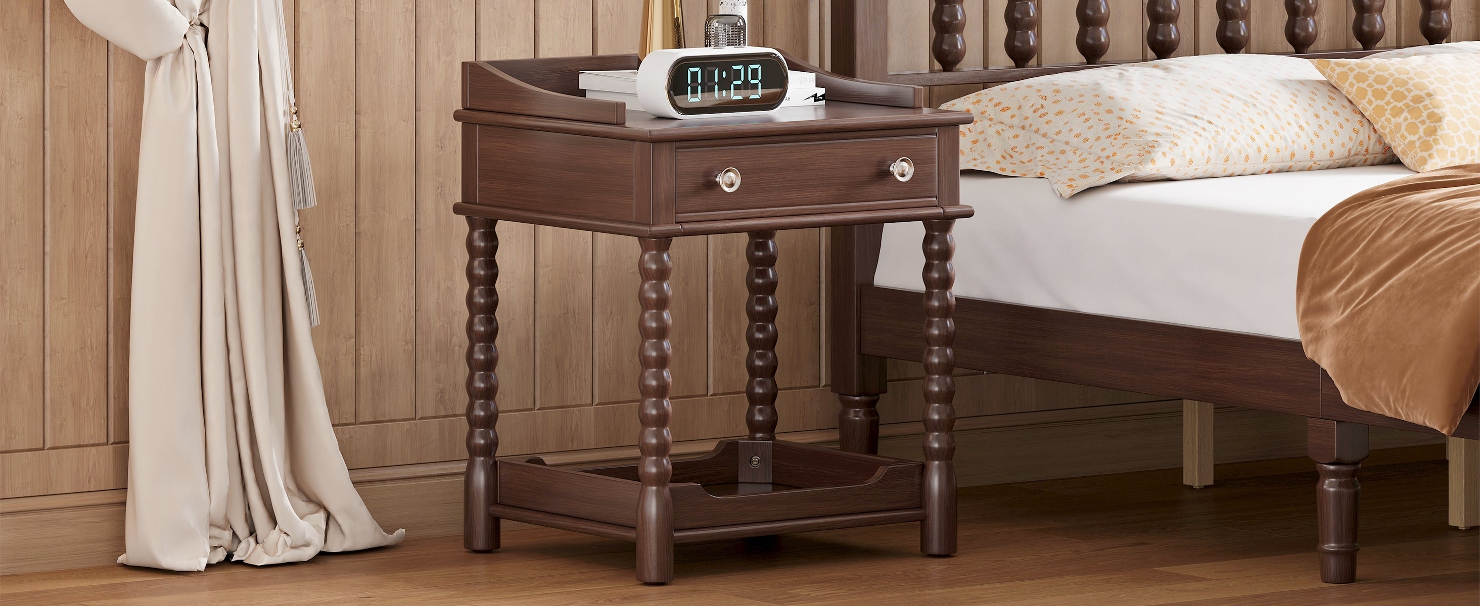 Retro Style Nightstand with Drawer and Open Shelf for Bedroom, Bedside Table with Turned Legs and Metal Handle,Walnut - Grand Goldman Shop