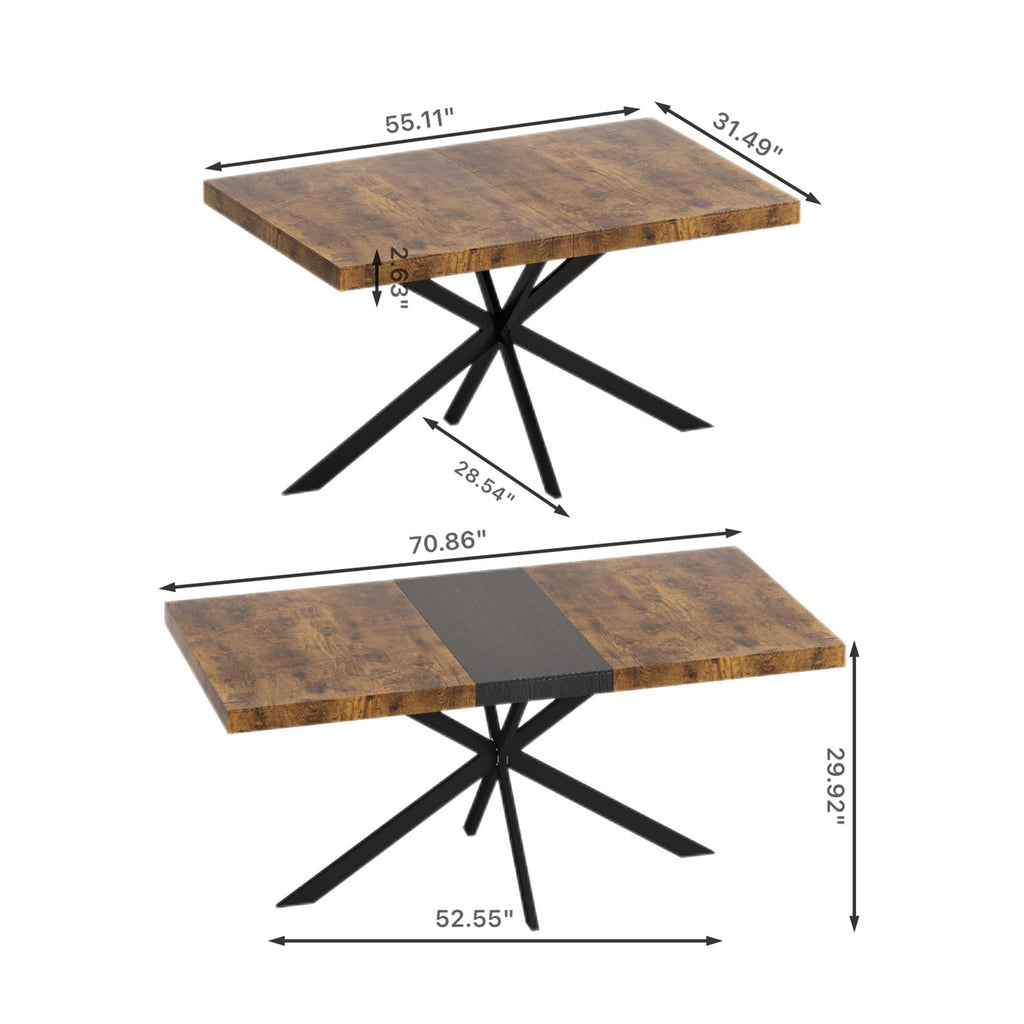 Retro Rectangular Stretch Dining Table with Antique Wood Top and Black Iron Base, Brown+Black, MDF+Metal, 55.11'-70.86'L - Grand Goldman Shop