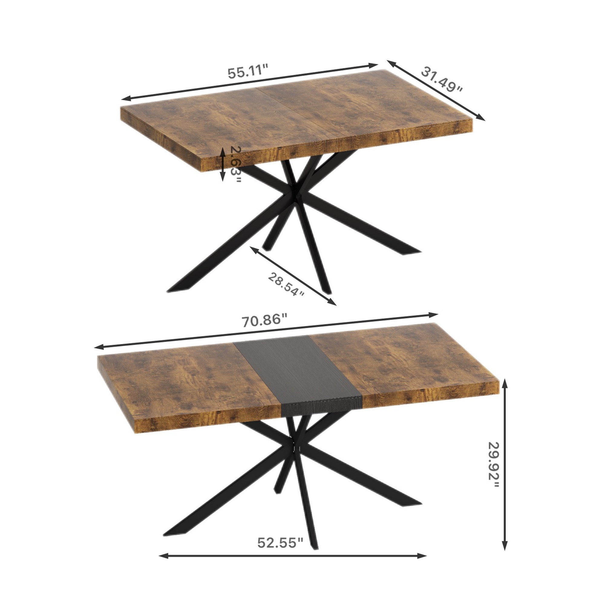 Retro Rectangular Stretch Dining Table with Antique Wood Top and Black Iron Base, Brown+Black, MDF+Metal, 55.11'-70.86'L - Grand Goldman Shop
