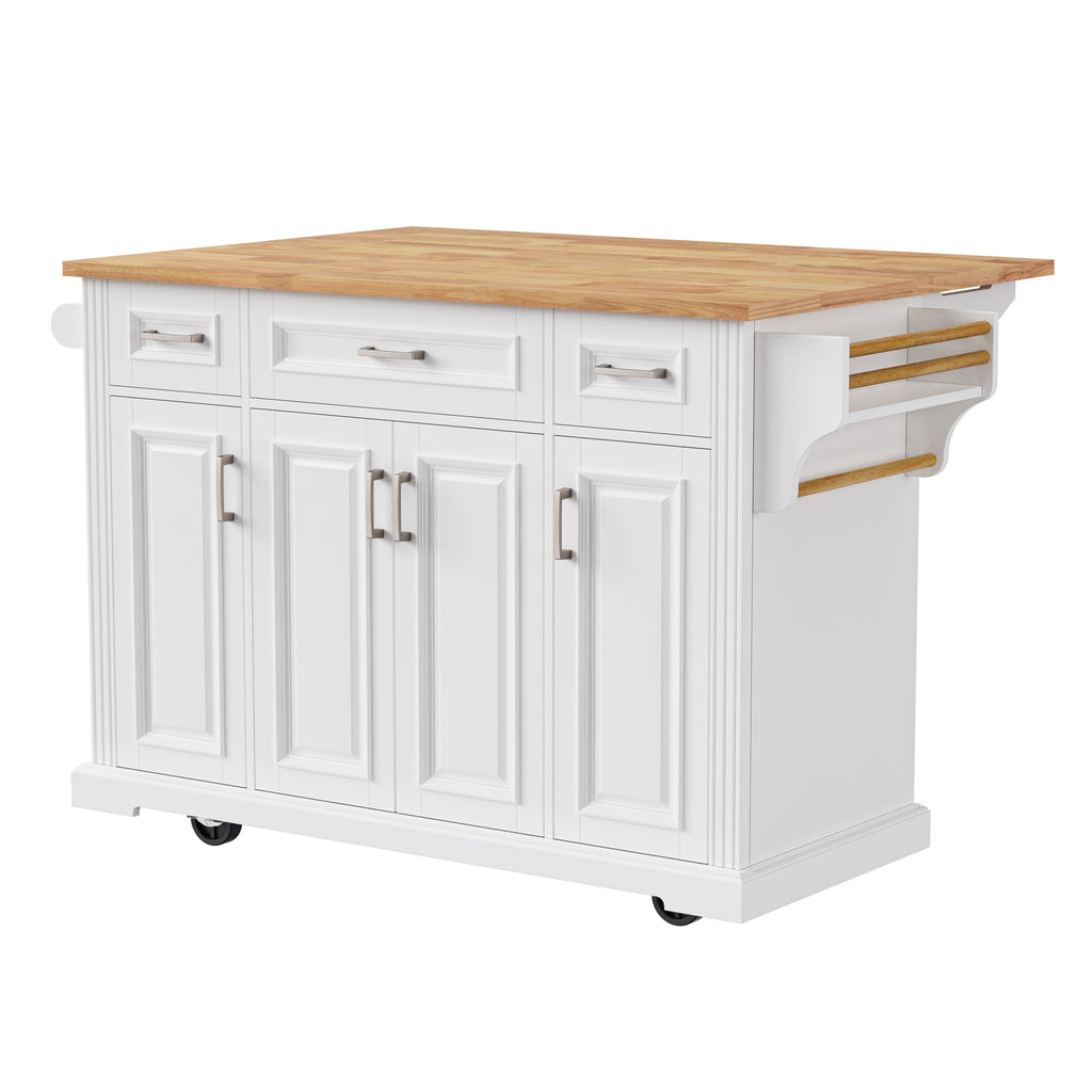 K&K 54inch Large Kitchen Island with Rubber Wood Drop Leaf, Embossed Texture Rolling Kitchen Cart on 4 Wheels with 4 Doors and 3 Drawers, Kitchen Island with Storage for Kitchen, Dining Room,White - Grand Goldman Shop