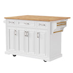 K&K 54inch Large Kitchen Island with Rubber Wood Drop Leaf, Embossed Texture Rolling Kitchen Cart on 4 Wheels with 4 Doors and 3 Drawers, Kitchen Island with Storage for Kitchen, Dining Room,White - Grand Goldman Shop