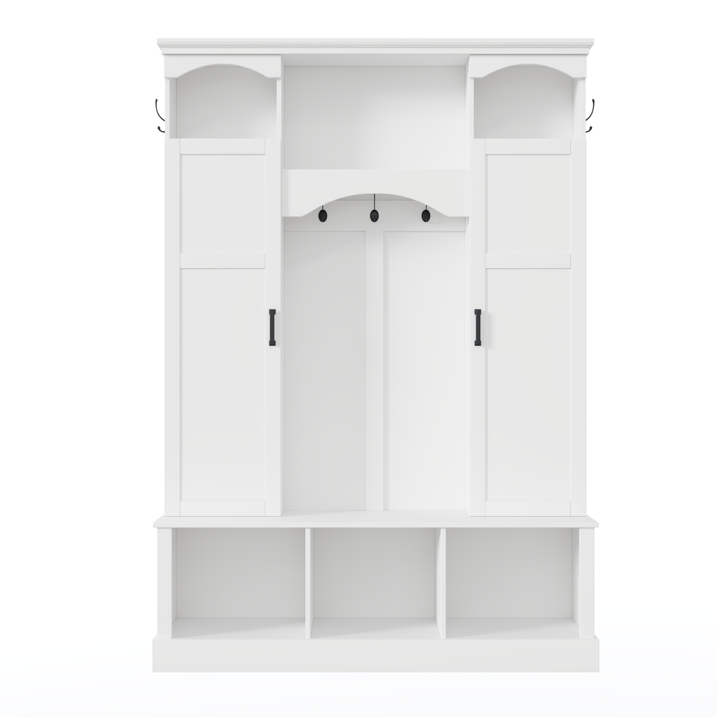 ON-TREND Modern All-in-One Hall Tree with Adjustable Shelves, Classic Arched Farmhouse Storage Bench with Dual Side Cabinets, Elegant Entryway Organizer with 7 Hooks for Mudroom, Hallway, White - Grand Goldman Shop