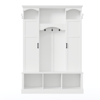 ON-TREND Modern All-in-One Hall Tree with Adjustable Shelves, Classic Arched Farmhouse Storage Bench with Dual Side Cabinets, Elegant Entryway Organizer with 7 Hooks for Mudroom, Hallway, White - Grand Goldman Shop