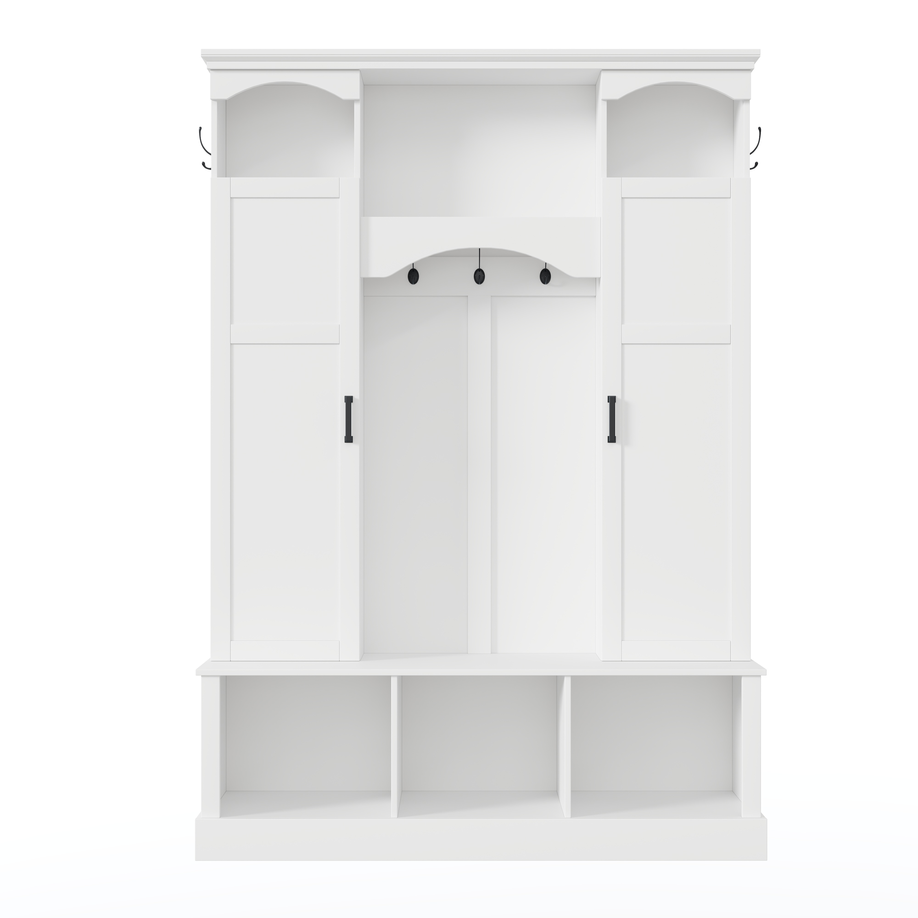 ON-TREND Modern All-in-One Hall Tree with Adjustable Shelves, Classic Arched Farmhouse Storage Bench with Dual Side Cabinets, Elegant Entryway Organizer with 7 Hooks for Mudroom, Hallway, White - Grand Goldman Shop