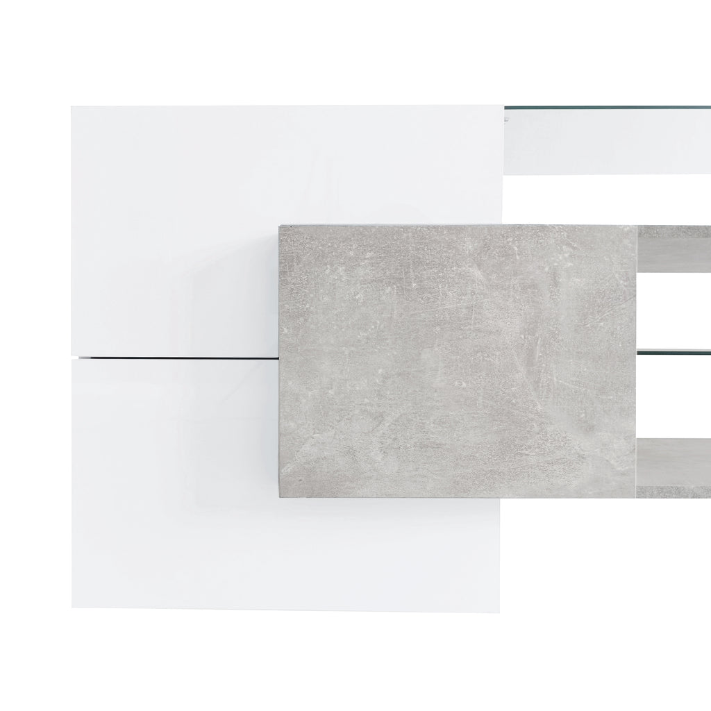 ON-TREND Unique Shape TV Stand with 2 Illuminated Glass Shelves, High Gloss Entertainment Center for TVs Up to 88', Versatile TV Cabinet with LED Color Changing Lights for Living Room, Grey - Grand Goldman Shop