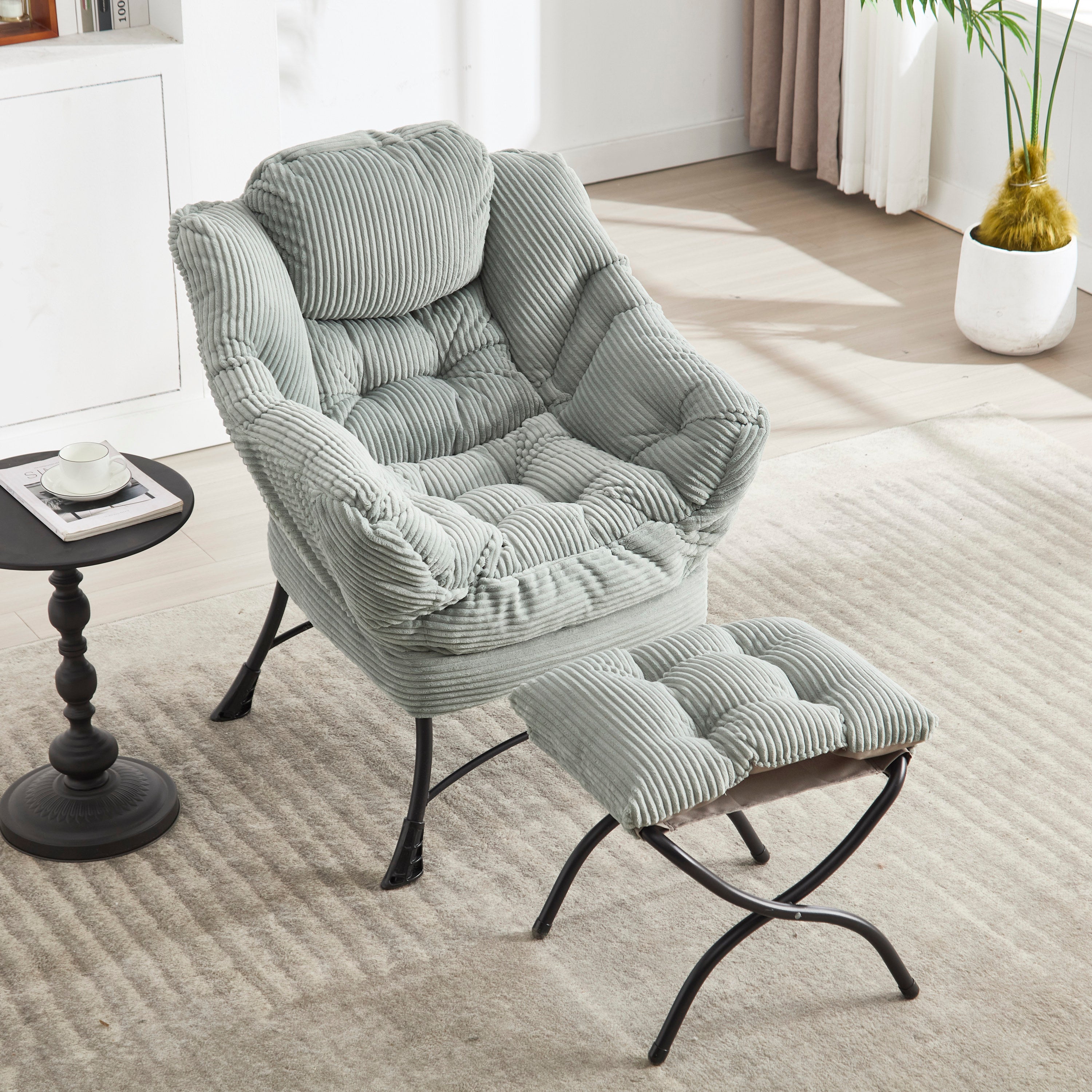 Lazy Chair with Ottoman, Modern Lounge Accent Chair with Armrests and a Side Pocket, Leisure Upholstered Sofa Chair Reading Chair with Footrest for Small Space, Corner Chair-Light green - Grand Goldman Shop