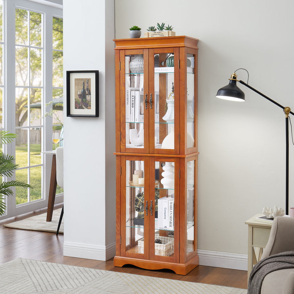 Lighted Glass Curio Display Cabinet,Display Cabinet,Glass Storage Cabinet Glass Wine cabinet Wood Frame Toy Display for Living Room, Kitchen, Pantry light bulb included OAK - Grand Goldman Shop