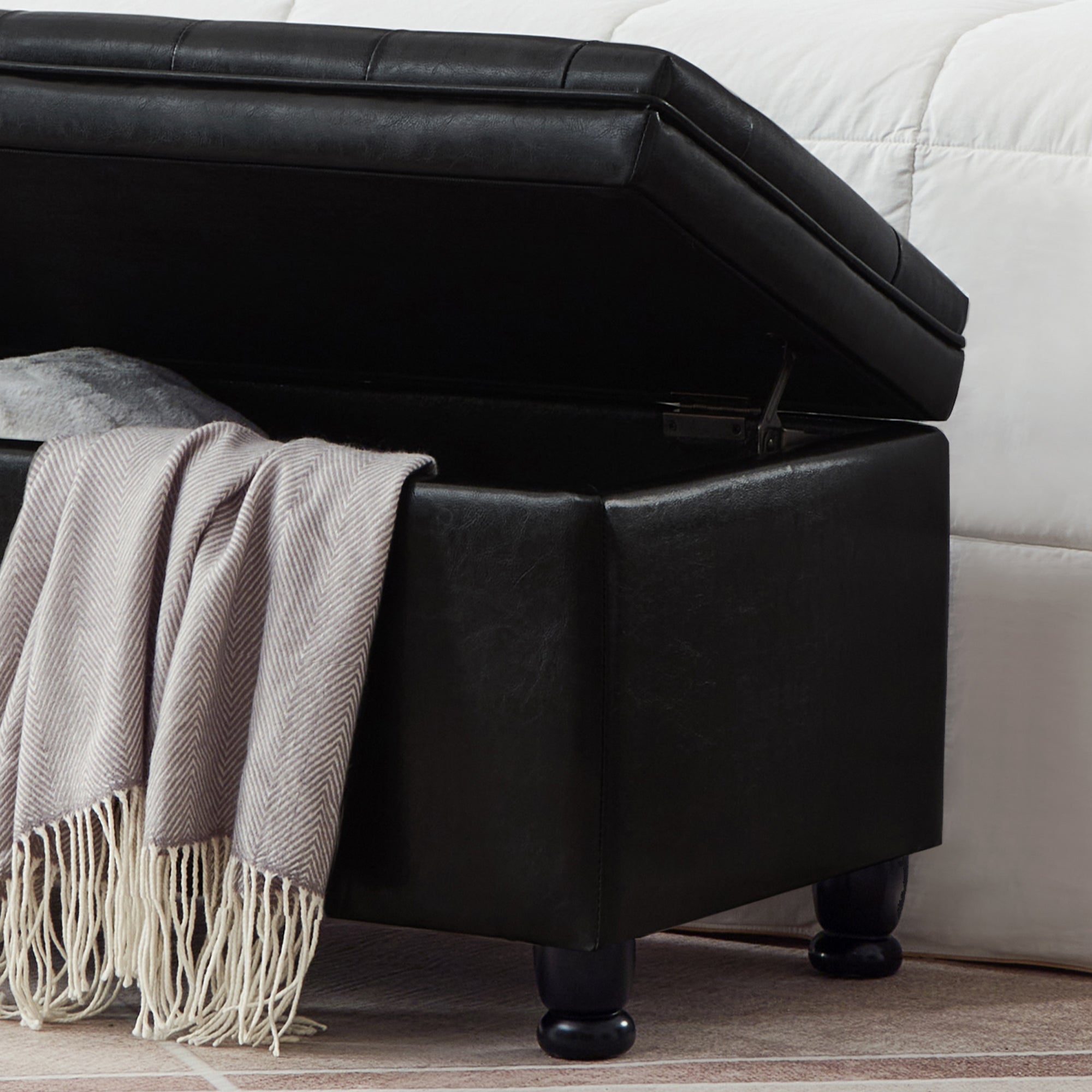 Upholstered tufted button storage bench ,Faux leather entry bench with spindle wooden legs, Bed bench- Black - Grand Goldman Shop