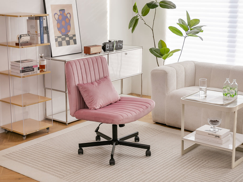 Light Pink Velvet Criss Cross Armless Office Chair with Wheels - Comfortable & Stylish for Home Office, Meditation, and Makeu