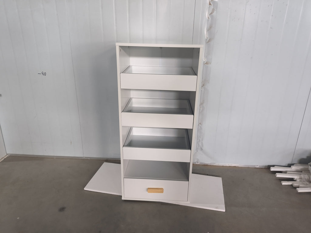 4-Tier Freestanding Bookshelf with 3 Sliding Drawers and 1 Bottom Drawer in White, Engineered Wood | Premium Home Decor - Gra
