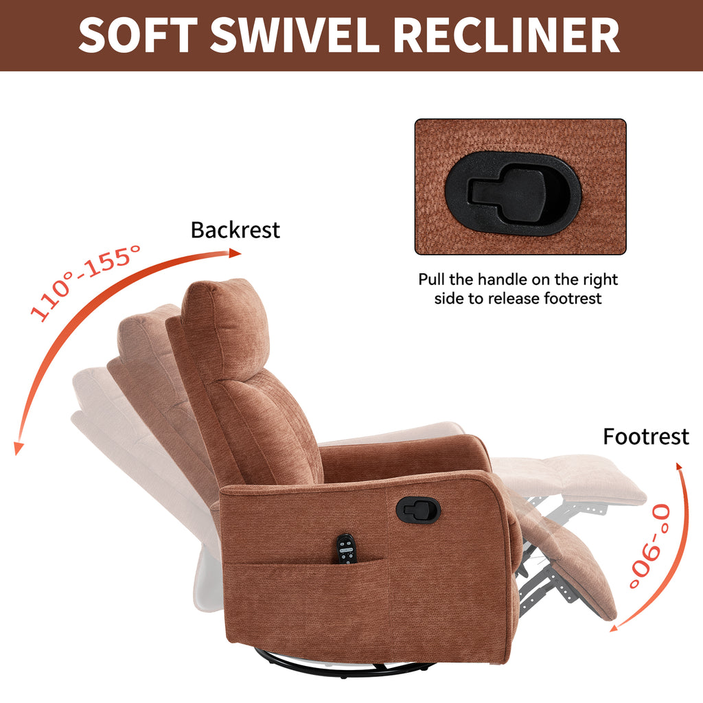 Orange Heat Massage Manual Recliner Chair with Rocker and Swivel in Fabric for Living Room - Grand Goldman Shop
