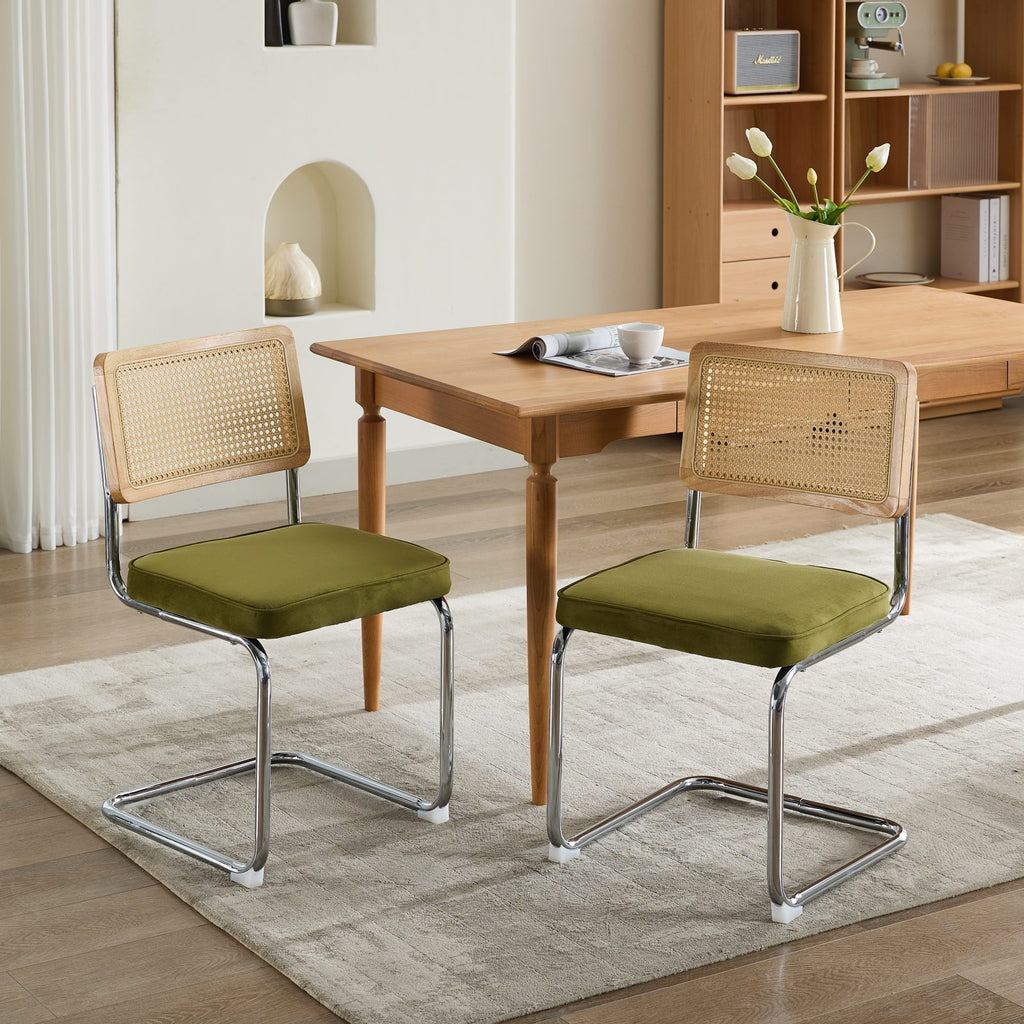Mid Century Modern Dining Chairs Set of 2, Velvet Accent Chairs with Natural Cane Back & Stainless Chrome Base, Famous Breuer Designed Chairs, Upholstered Rattan Kitchen Chairs,Olive-Green - Grand Goldman Shop