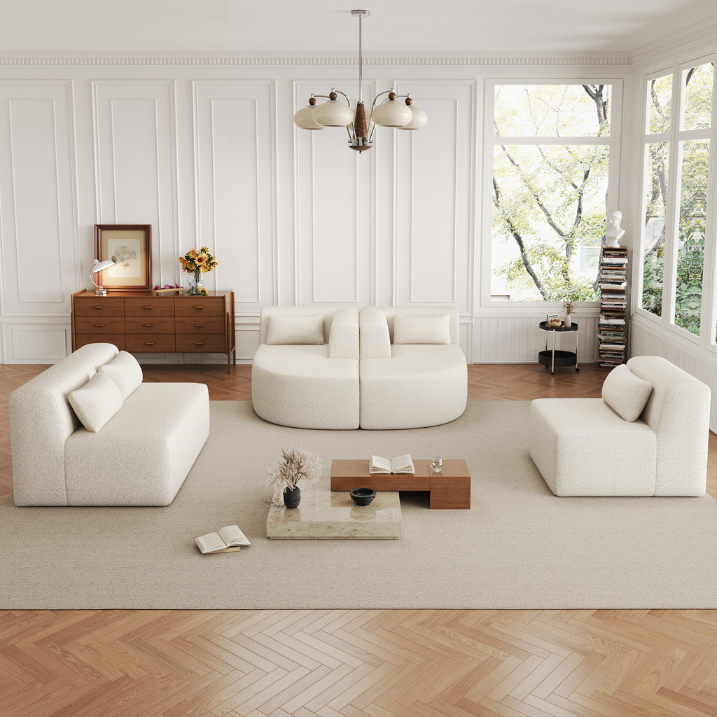 Modern Upholstered L-Shape Sofa with Chaise Lounge and Back Pillows, Beige Boucle Fabric, 144 inches - Grand Goldman Shop
