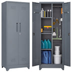 Grey Heavy Duty Metal Storage Cabinet with Locking Doors, Hanging Rod & Shelves, 65' H Broom Closet for Garage or Basement | 