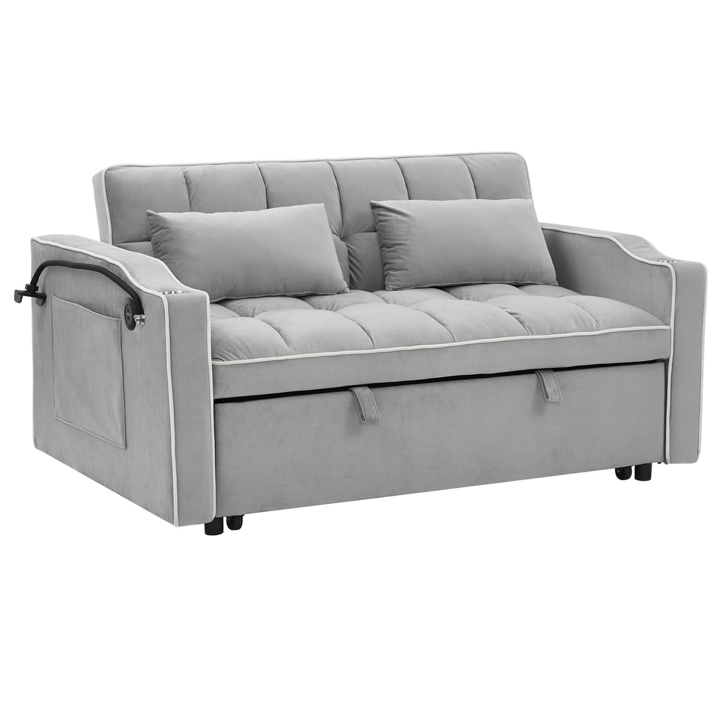 55.51 inch versatile foldable sofa bed in 3 lengths, modern sofa sofa sofa velvet pull-out bed, adjustable back and with USB port and ashtray and swivel phone stand (Grey) - Grand Goldman Shop