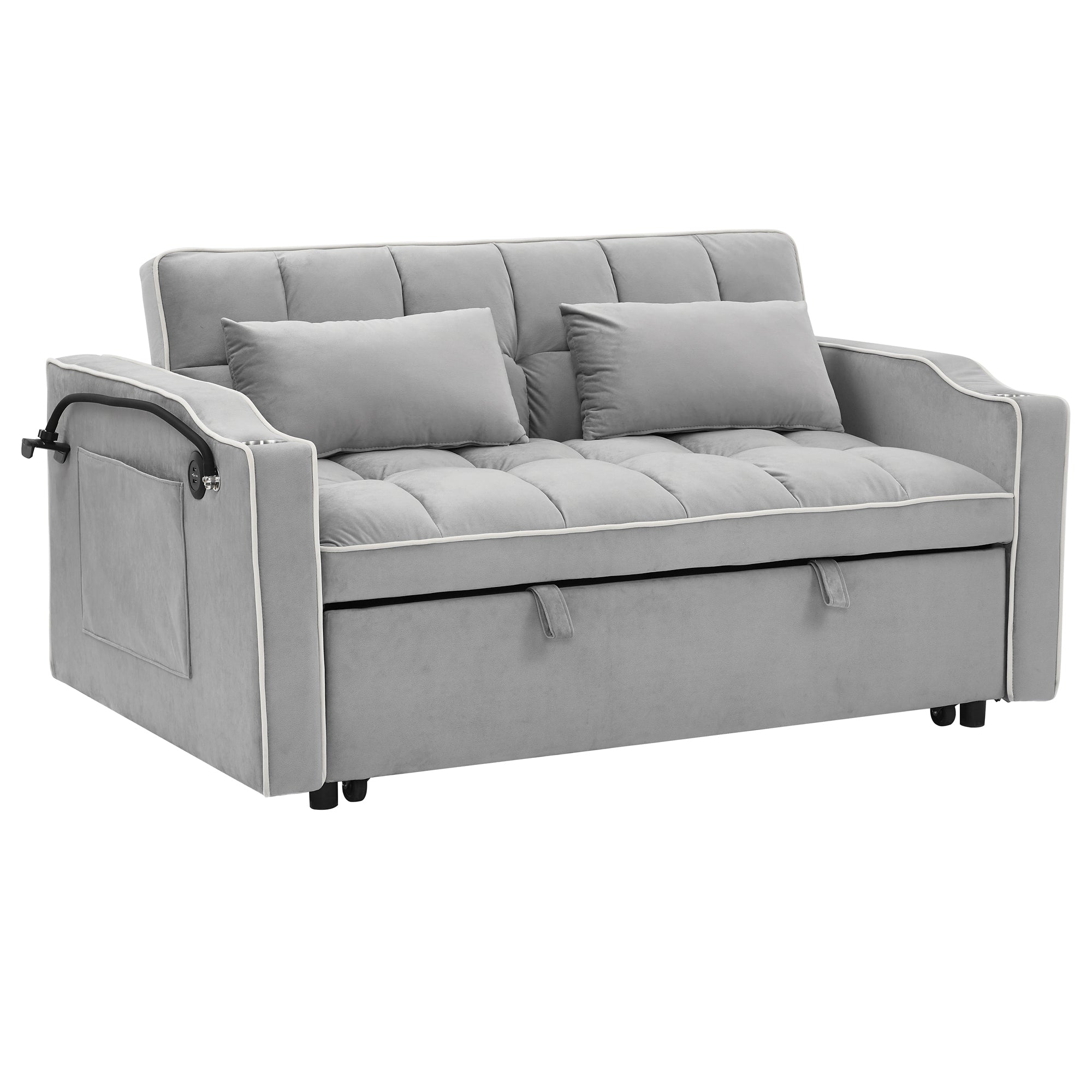 55.51 inch versatile foldable sofa bed in 3 lengths, modern sofa sofa sofa velvet pull-out bed, adjustable back and with USB port and ashtray and swivel phone stand (Grey) - Grand Goldman Shop