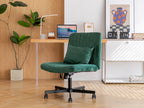 Green Velvet Criss Cross Armless Office Chair with Wheels - Comfortable & Stylish for Home Office, Meditation, and Makeup Use