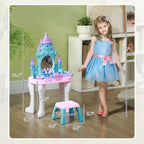 Qaba Kids Vanity Set with Mirror and Stool, Castle Design Makeup Table with Light, Music, Hair Dryer, 18 Accessories, Girls P