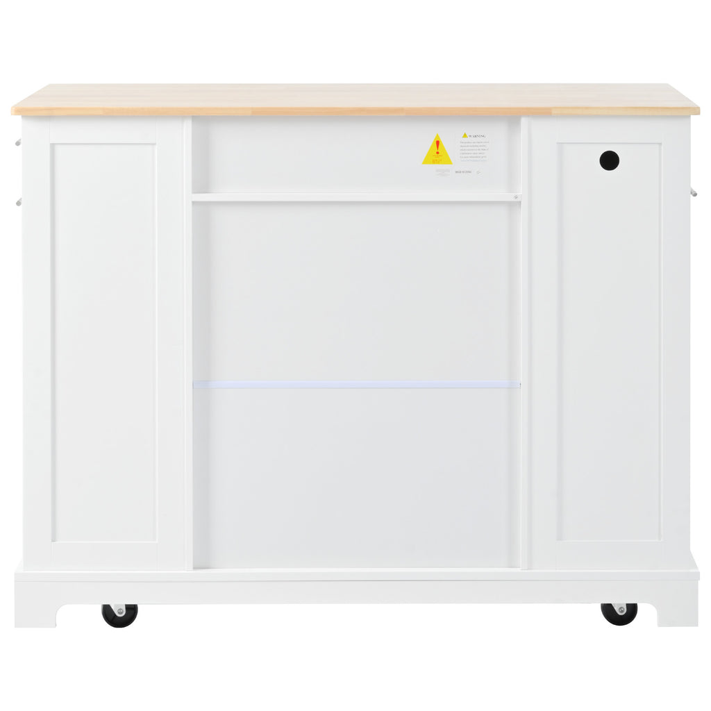 K&K Fluted Kitchen Island with Trash Can Storage Cabinet, Power Outlet, Internal Storage Rack, Rolling Kitchen Islands on 5 Wheels with 3 Drawer, 3 Open Side Racks for 10 Gallon Garbage Bin, White - Grand Goldman Shop