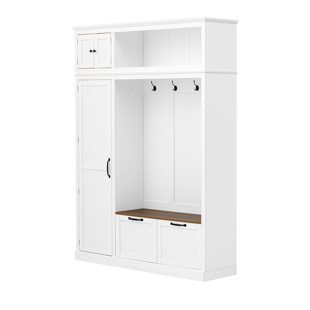 3-in-1 Hall Tree with Overhead Storage Cabinet, 3 Adjustable Side Shelves, 4 Heavy-Duty Hooks, 2 Spacious Drawers, Grooved Back Panel Design, Contrasting Seat Bench, Multifunctional Entryway Organizer - Grand Goldman Shop
