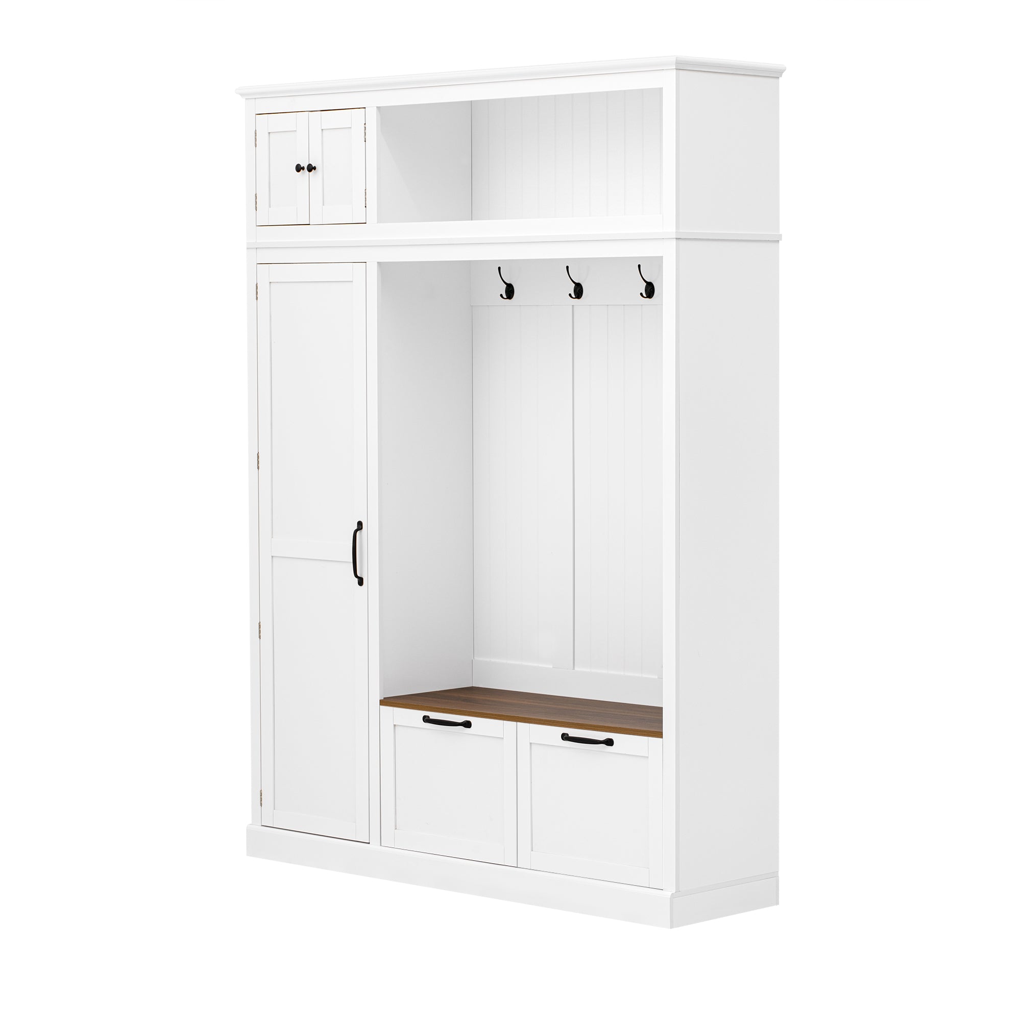 3-in-1 Hall Tree with Overhead Storage Cabinet, 3 Adjustable Side Shelves, 4 Heavy-Duty Hooks, 2 Spacious Drawers, Grooved Back Panel Design, Contrasting Seat Bench, Multifunctional Entryway Organizer - Grand Goldman Shop