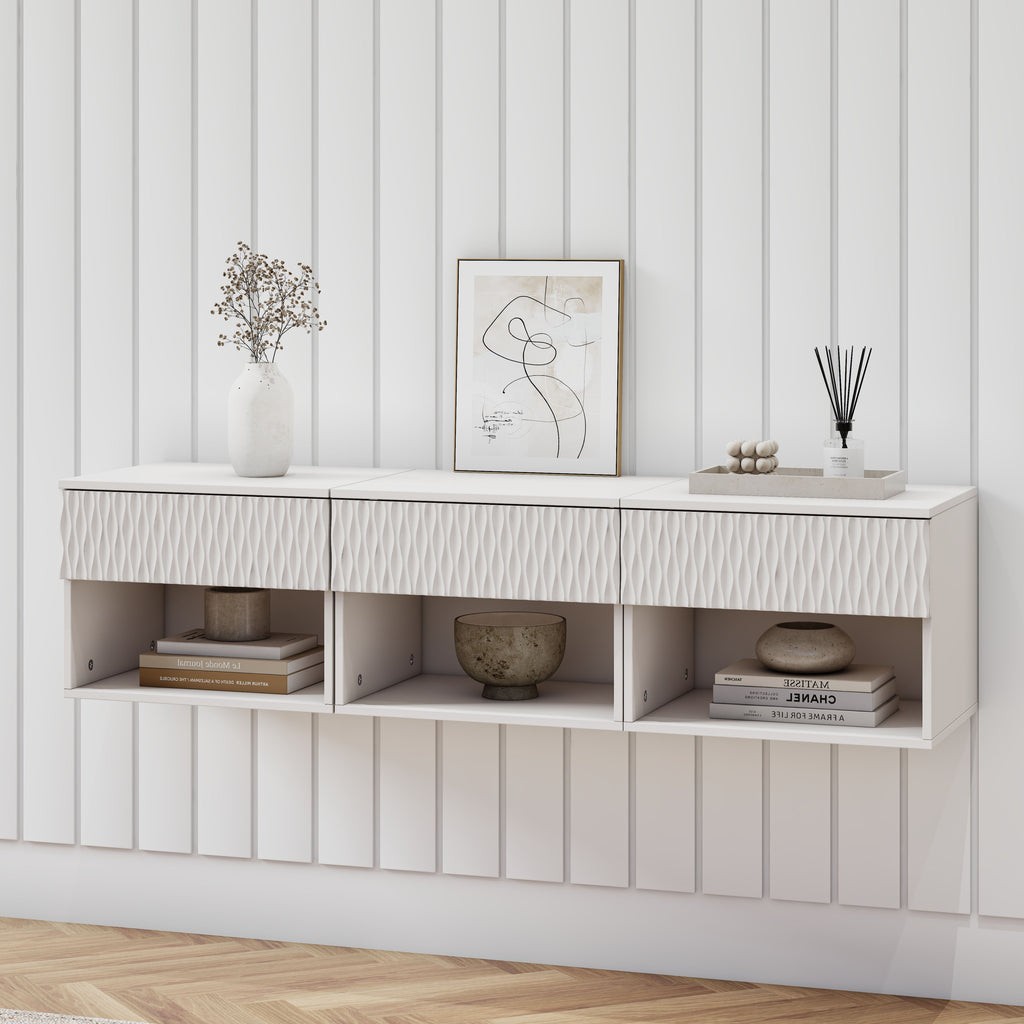 set of 2 nightstand with Modern Wall-Mounted Drawer Cabinet: Open Shelf, 3-Stage Rails, Carved Design, Anti-Wobble, DIY, for Bedroom/Living Room/Office - Grand Goldman Shop