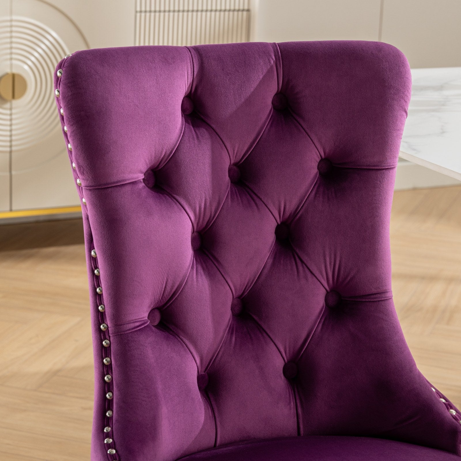 Nikki Collection Modern, High-end Tufted Solid Wood Contemporary Velvet Upholstered Dining Chair with Chrome Stainless Steel Plating Legs,Nailhead Trim,Set of 2,Purple and Chrome, SW1701PP - Grand Goldman Shop