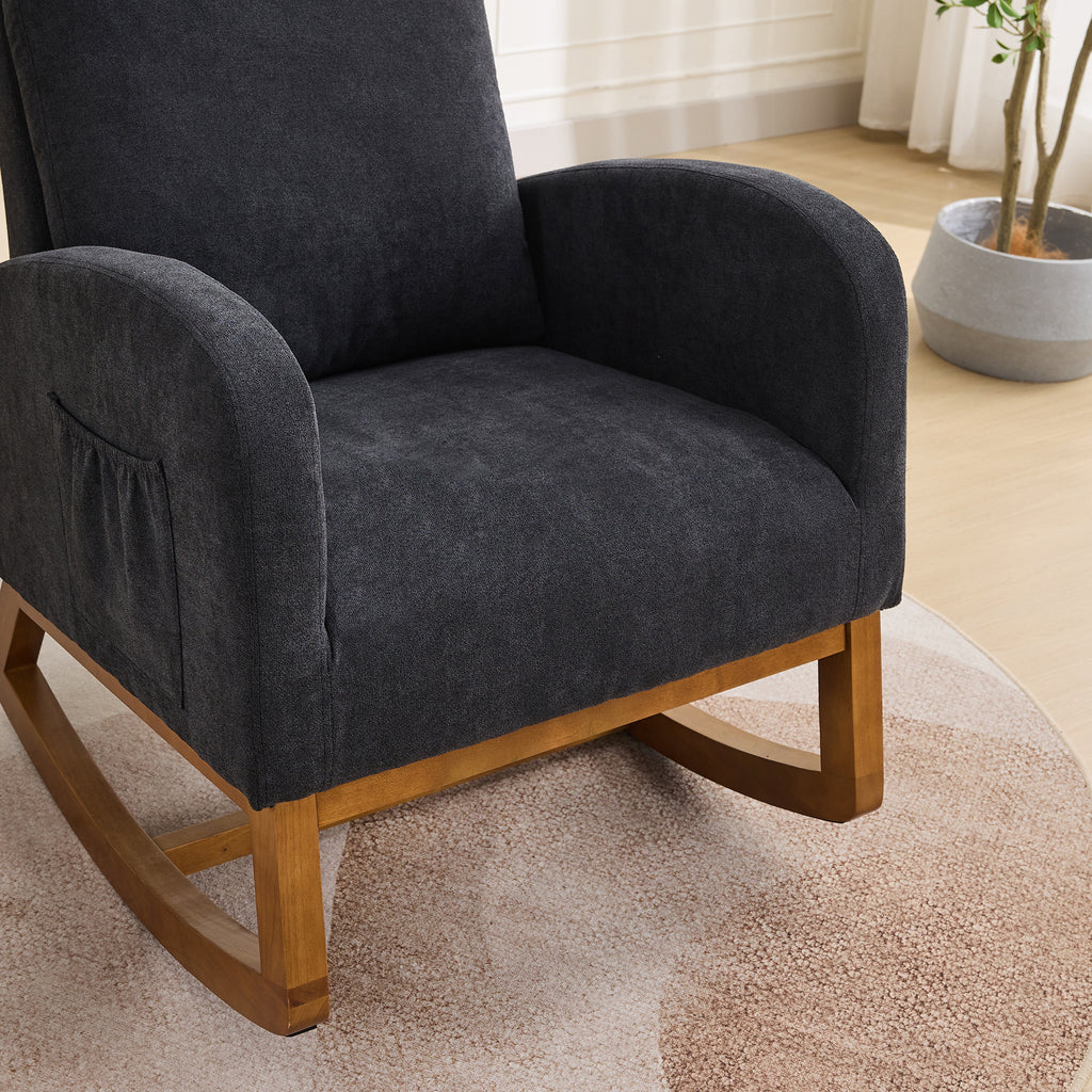 27.2'W Rocking Chair for Nursery, Polyester Glider Chair with High Back and Side Pocket, Rocking Accent Armchair with Rubber Wood Legs for Living Room/Bedroom.Black - Grand Goldman Shop