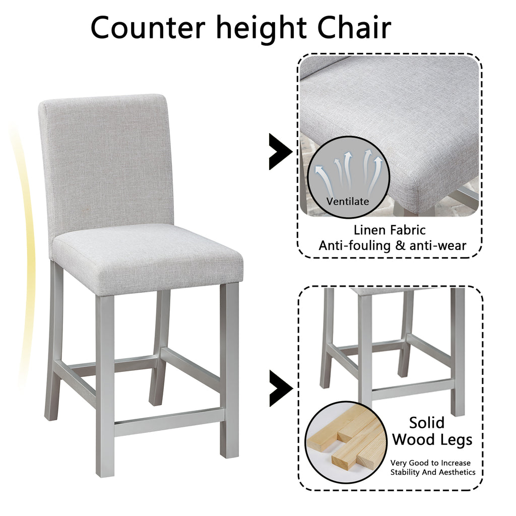 5 Piece Counter Height Table Set, Wooden Kitchen Table Set with Square Table and 4 Upholstered Chairs, Counter Height Dining Table with Crystal Decoration and Chair Set, Silver Grey - Grand Goldman Shop